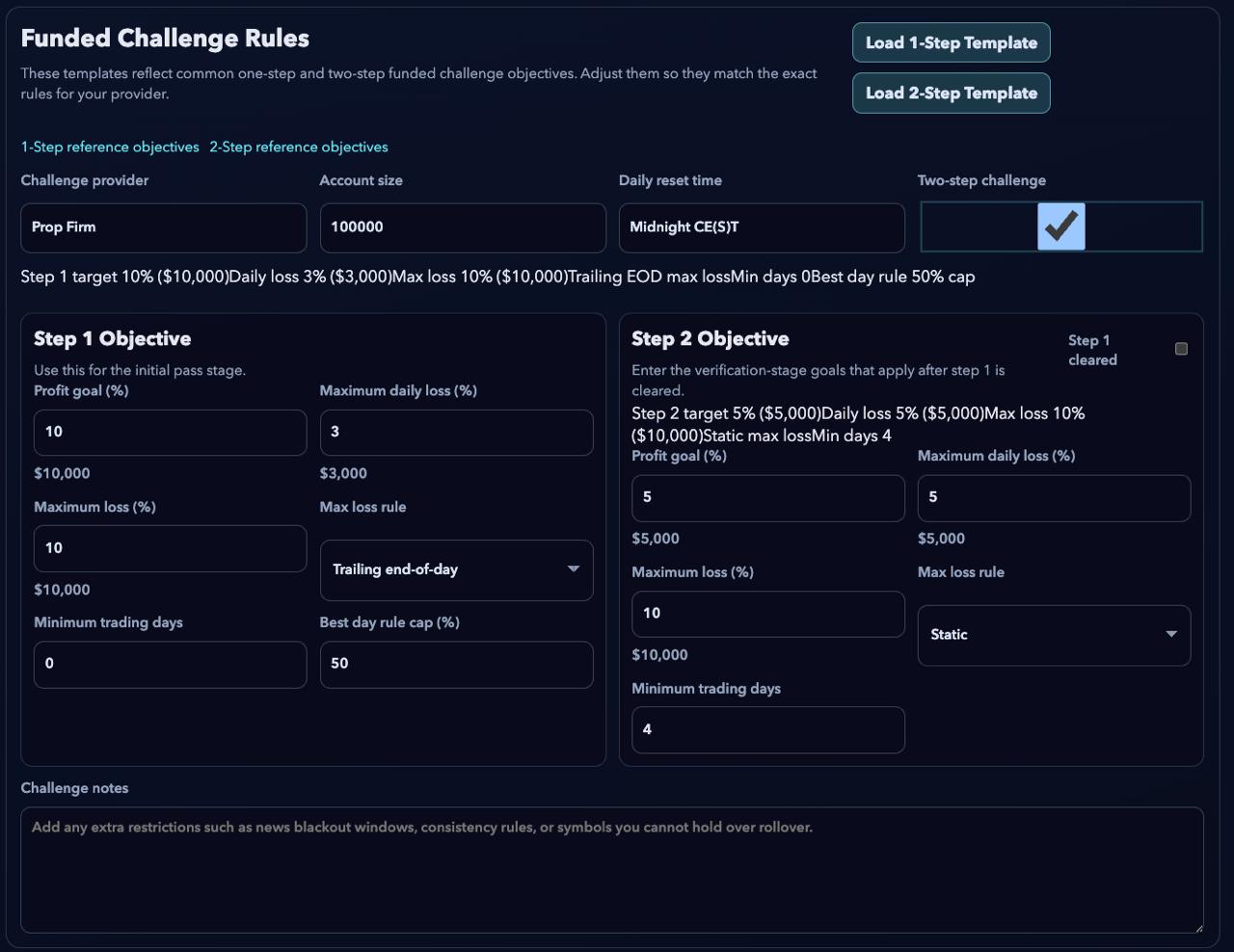 TradeRefinery funded challenge rules screen showing provider, account size, reset time, step objectives, max daily loss, max loss rule, and challenge notes.